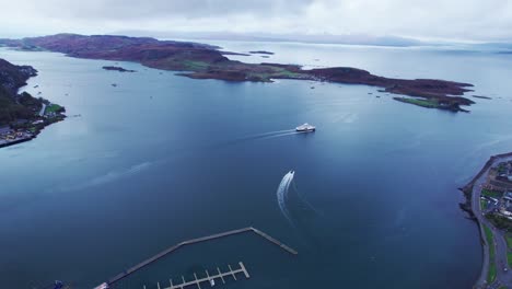 Bird's-view-aerial-of-Oban-scenic-harbour-and-coastline-in-Scottish-Highlands