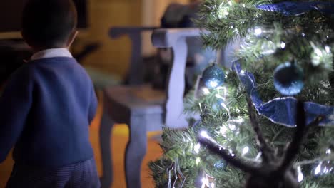 Schöner-Lateinischer-Babyjunge,-Der-Auf-Den-Weihnachtsbaum-Zugeht,-Um-Eine-Blaue-Blase-Zu-Platzieren