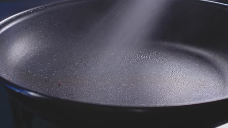 Spraying-oil-on-frying-pan,-close-up-view