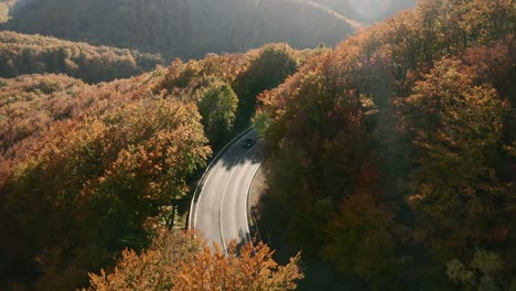 Beautiful-aerial-footage-of-cars-driving-on-a-scenic-road-winding-in-an-autumn-coloured-forest