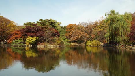 Pintoresco-Paisaje-Otoñal-Reflejado-En-El-Agua-Del-Lago-Chundangji,-Seúl,-Corea-Del-Sur