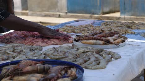 Lots-of-fresh-shellfish-like-prawns,-shrimp-and-gambas-ready-for-sale-while-many-flies-fly-around-at-the-local-outdoor-fish-market-in-Negombo,-Sri-Lanka