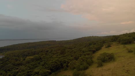Aerial-shot-moving-across-African-landscape-in-the-early-morning-sun-on-Lake-Victoria