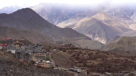 A-panning-view-of-the-town-of-Muktinath-in-the-Muktinath-Valley-of-the-Mustang-Region-of-northern-Nepal