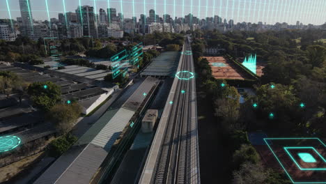 Aerial-flyover-railway-tracks-in-digital-modern-city-with-high-tech-data-communication---Neon-lighting-graph-and-diagram-motion-graphic-with-skyline-of-Buenos-Aires-in-background-during-sunlight