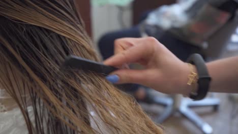 Woman-getting-her-brown-hair-dressed-in-hair-salon