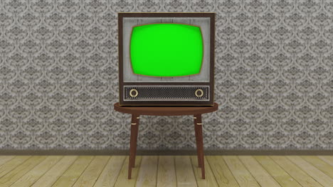 Animierter-Alter-Fernseher,-Der-Sich-Mit-Glitch-Dreht-Und-Grüner-Bildschirm-Einschaltet-Und-4k-Vintage-Ausschaltet