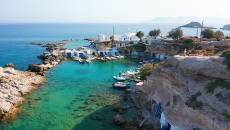 Mandrakia-small-fishing-village-port-with-boats-Milos-Island,-Greece