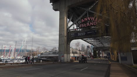 Wide-shot-under-Granville-bridge,-cloudy-morning-Vancouver,-Canada