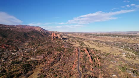 Aerial-View-Of-Rural-Countryside-Road-Near-Garden-Of-The-Gods-In-Manitous-Springs,-Colorado