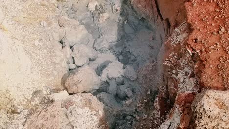 Active-geothermal-formation-and-colorful-hot-spring-geyser-field-site,-close-up-pan