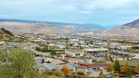 Lookout-over-Downtown-Kamloops-in-British-Columbia,-Canda-on-a-cloudy-day-in-the-autumn,-with-a-wonderful-view-of-the-Thompson-River-Valley-and-North-Shore