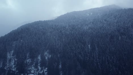 Winter-mountain-descending-aerial-dark-forest-covered-snow-in-Vosges-France-4K
