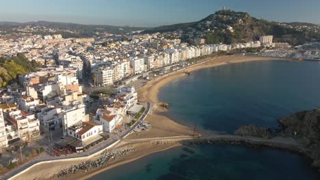 Aerial-video-with-drone-of-the-bay-of-Blanes-on-the-Costa-Brava-in-Gerona-Barcelona,-Mediterranean-beach-Lloret-de-Mar