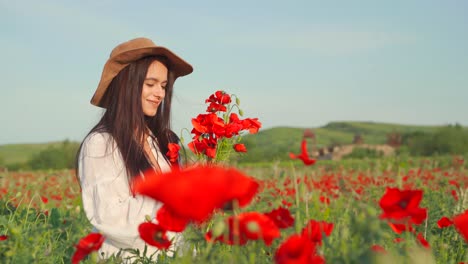 Caucasian-woman-wearing-hat-picks-red-poppy-bouquet-and-smells-flowers-in-picturesque-field,-handheld-close-up