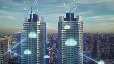 Future-concept-with-glowing-digital-lines-connecting-city-and-cloud-network---Ascending-drone-shot-of-twin-skyscraper-buildings-in-Buenos-Aires---Modern-skyline-with-high-tech-data-communication