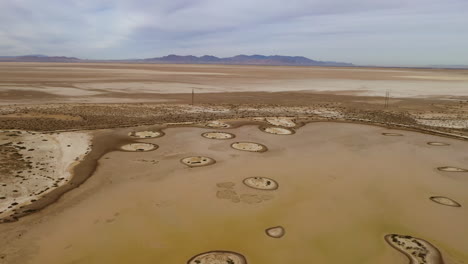 Strange-ring-shaped-patterns-on-Willcox-playa,-drone-backwards