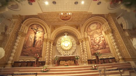 Reveal-Slow-Motion-Shot-of-Church-Interior-Chancel-and-Altar