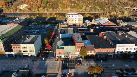 Aerial-establishing-shot-of-restored-storefront-businesses-in-small-town-America