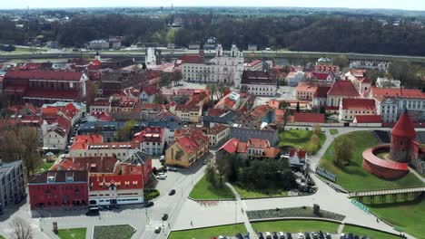Aerial-View-Of-Kaunas-Old-Town-City-Hall-Square-In-Lithuania---hyperlapse