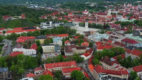Aerial-View-Of-Red-Rooftops-Of-Vilnius-Old-Town-In-Lithuania---drone-shot