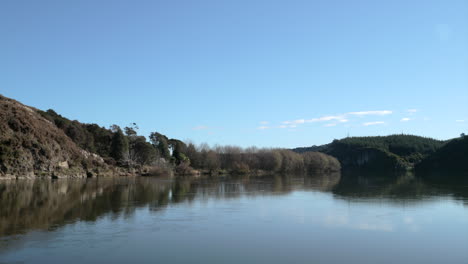 Calm-flowing-river-as-seen-from-river-bank,-blue-sky