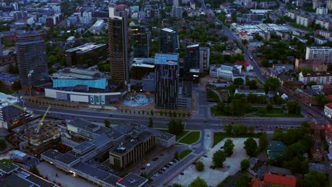 Aerial-Evening-View-Of-Vilnius-Business-District-In-Lithuania---drone-shot