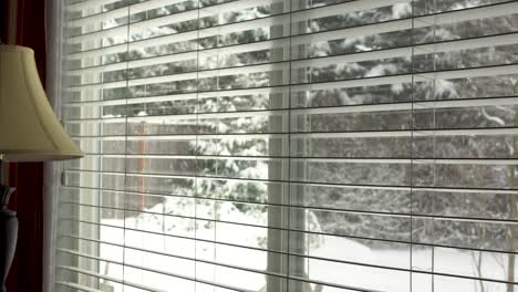 Blick-Durch-Das-Fenster-Des-Familienzimmers,-Während-Der-Schnee-Sanft-In-Den-Hinterhof-Der-Wohnanlage-Fällt
