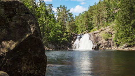 Zeitraffer-Wunderschöner-Wasserfall-Ergießt-Sich-In-Einen-Stillen-Pool,-Umgeben-Von-Wald
