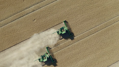 Aerial-top-down,-two-combine-harvesters-harvesting-pulse-crops-from-a-farm-field