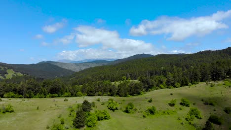 Schöne-Berglandschaft-Mit-Grünen-Wiesen-Und-Pinienwäldern-Auf-Blauem-Himmel-Und-Weißem-Wolkenhintergrund
