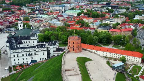Gediminas-Castle-Tower-In-Vilnius,-Capital-Of-Lithuania---aerial-drone-shot