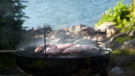 Slomo-of-smoke-rising-from-outdoor-grill-with-chicken-fillets-on-it