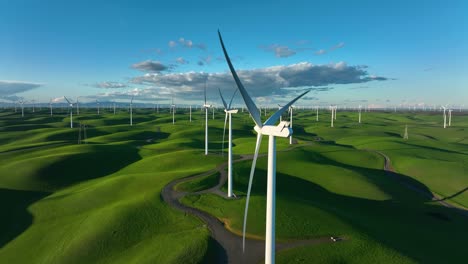 Close-up-of-Wind-Turbine-generating-clean-energy-on-Wind-Turbine-Farm,-Monetzuma-Hills-California