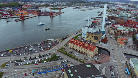 The-Rosenlund-Power-Plant-At-The-Port-In-The-City-Centre-Of-Gothenburg,-Sweden---aerial-drone
