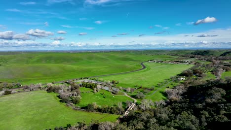 Aerial-view-over-oak-trees-on-hill-overlooking-green-rolling-hills-and-blue-sky,-Round-Valley-Regional-Preserve,-California