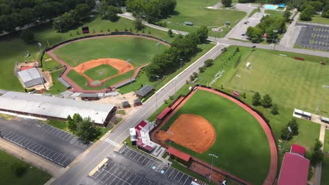 An-aerial-half-orbit-of-the-baseball-fields-at-Austin-Peay-University-in-Clarksville,-TN