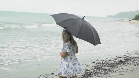 Mujer-Caminando-En-La-Playa-Bajo-La-Lluvia-Con-Paraguas