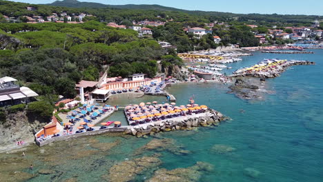 Panning-and-orbiting-overview-of-Cardellino-and-other-private-beaches,-Castiglioncello
