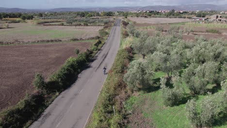 Ciclista-Montando-En-Un-Camino-Rural-Remoto-Pasando-Por-Una-Granja-De-Olivos-En-Italia,-Aéreo