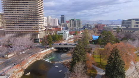 Aerial-with-a-pan-over-the-Truckee-River-and-park-in-Reno,-Nevada-on-a-pretty-day