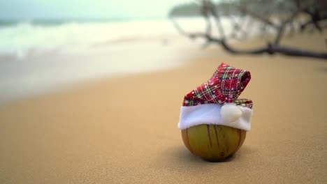 Close-up-of-coconut-wearing-santa-hat-on-tropical-sandy-beach-with-ocean-waves-rolling-against-coastline-in-blurred-background