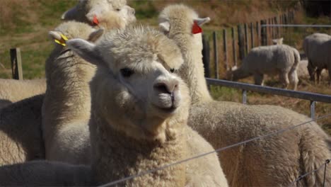 Alpaca-looking-seriously-at-camera-behind-farm-fence