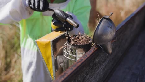 Beekeeper-igniting-wood-twigs-vegetation-in-bee-smoker-using-kitchen-burner