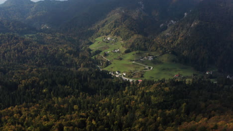 Panoramic-View-Over-Dense-Autumnal-Forest-Mountainscape-In-Countryside-Of-Slovenia