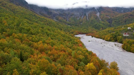 Autumn-colors-on-Alpine-village-of-Northern-Albania,-golden-trees-in-beautiful-Valbona-valley