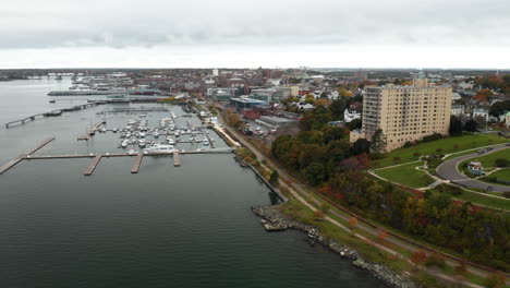 Stunning-aerial-flyover-of-the-Fore-Points-Marina-in-Portland,-Maine