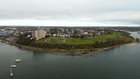 Full-aerial-view-off-the-coast-of-Maine,-Portland's-East-End