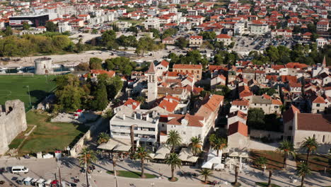 Aerial-View-Of-Historic-Buildings-From-The-Old-Town-Of-Trogir,-Croatia---drone-shot