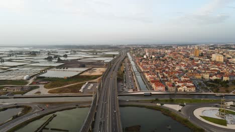 Aerial-footage-of-Aveiro-city,-Portugal